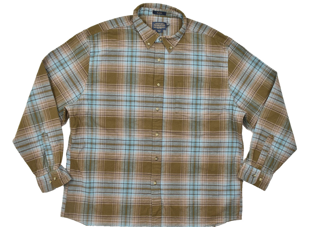 Pendleton Mason Men XXL Button Down Shirt Blue Olive Plaid Flannel 100% Cotton